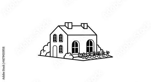 House with garden and trees with transparent background