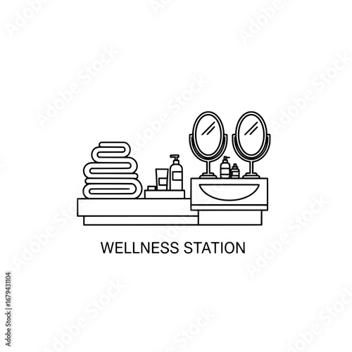 Wellness station with mirrored vanity and towels