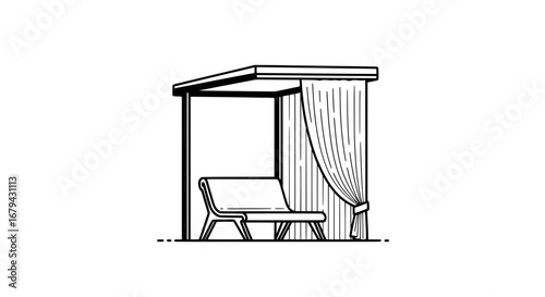 Outdoor cabana with fabric curtains and wooden chair with transparent background