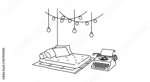 Living room with sofa, pillows, hanging lights, and typewriter with transparent background