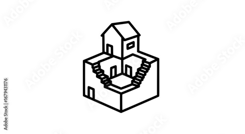 Isometric house with stairs and courtyard with transparent background