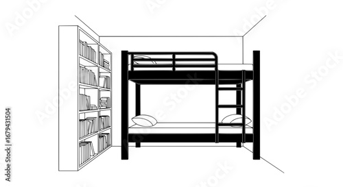 Bunk bed with bookshelf and pillows with transparent background