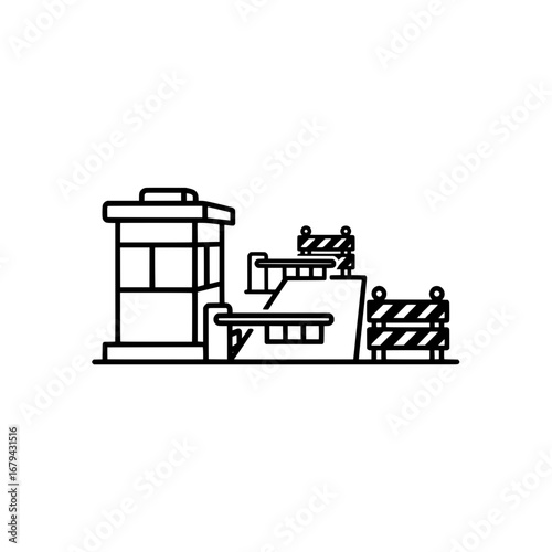 Construction site with traffic barriers and guard tower with transparent background