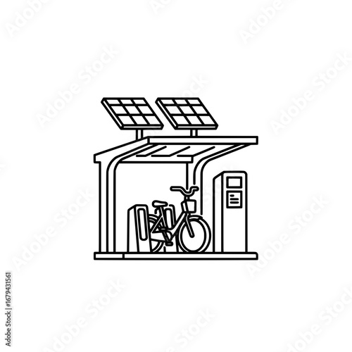 Bicycle shelter with solar panels and bicycle with transparent background