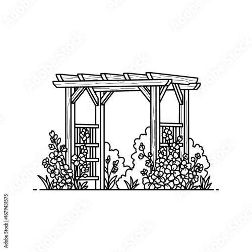 Wooden garden arbor with plants and flowers on transparent background