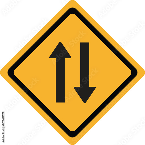 Two-way Traffic Warning Sign: Yellow Diamond, Black Arrows, Cautionary Graphic