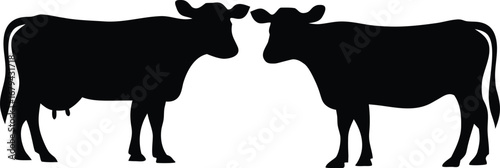 Silhouette of Two Cows Standing Facing Each Other in Black Against a White Background Graphic Element Farm Animal Illustration