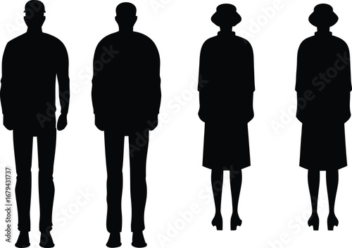 Silhouette of People Figures Depicting Diversity and Inclusivity with Modern and Vintage Fashion Outfits Standing Together Representing Community