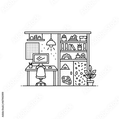 Modern office workspace with home supplies and plant with transparent background