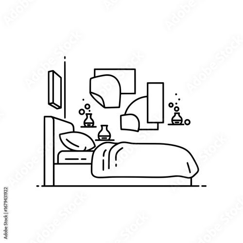 Minimalist bedroom with paintings and bedside lamps