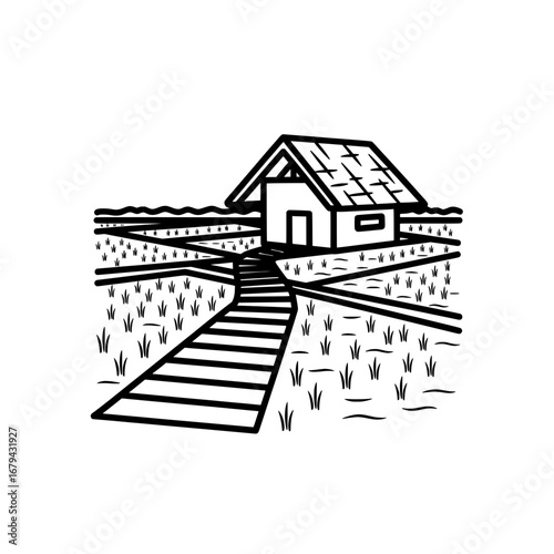 Farmhouse with solar panels and surrounding fields with transparent background