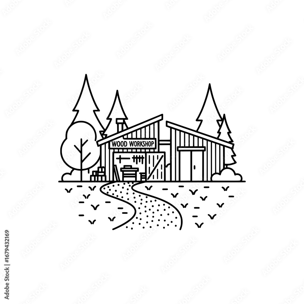 Fototapeta premium Wood workshop building with trees and pathway with transparent background