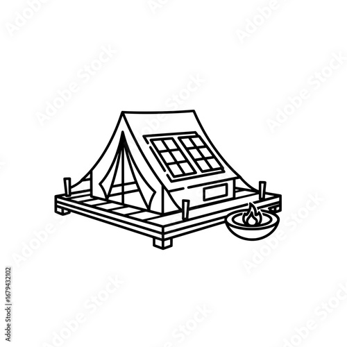Camping tent with campfire on platform with transparent background