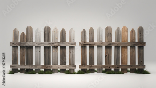 Rustic Wooden Picket Fence Sections with Green Grass on White Background wooden fence garden fence