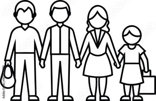 Stylized Family of Four Outline Holding Hands Representing Unity Love and Familial Bond Togetherness and Support with Bags