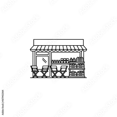 Small shop with storefront and outdoor seating with transparent background