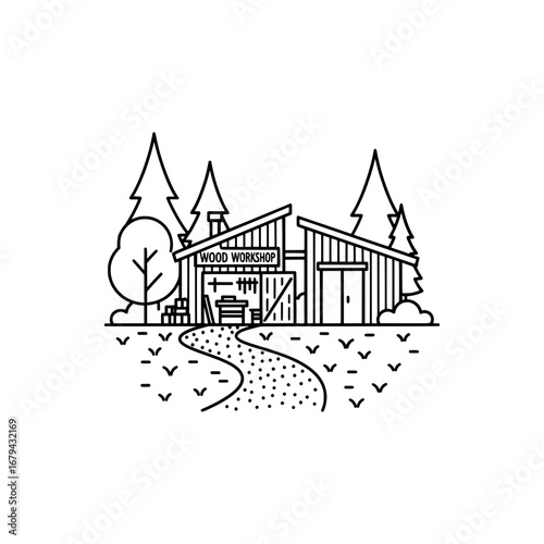 Wood workshop building with trees and pathway with transparent background