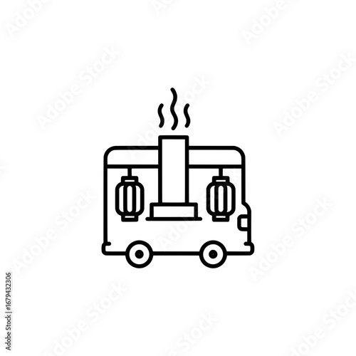 Food truck with steaming chimney on black background