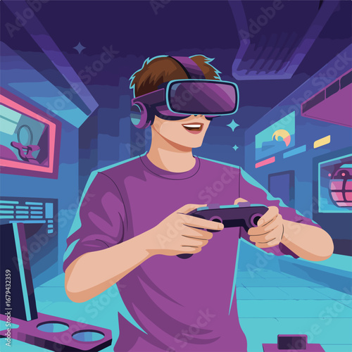 Man playing virtual reality game with headset