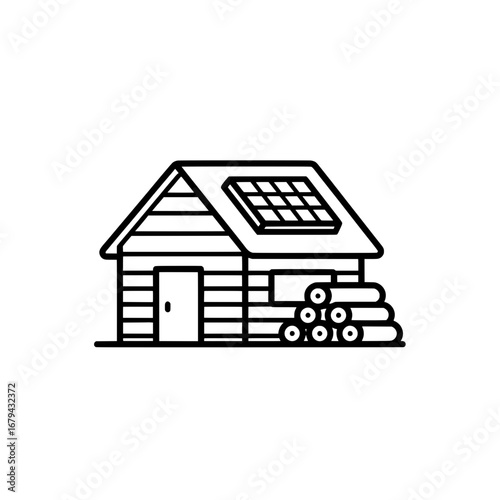 Small house with solar panels and firewood stack with transparent background
