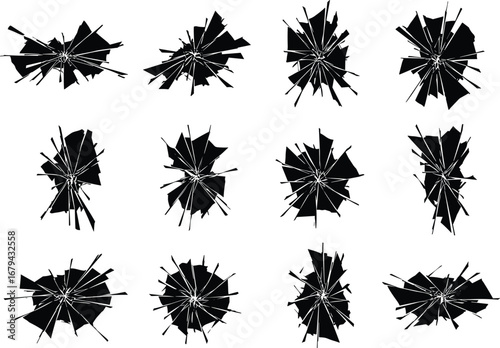 Abstract black radial polygon starburst charts with geometric symmetry, spiky vector design elements, decorative angular patterns, symmetrical graphic illustration