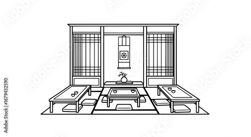 Traditional Japanese room with paper sliding doors and low tables