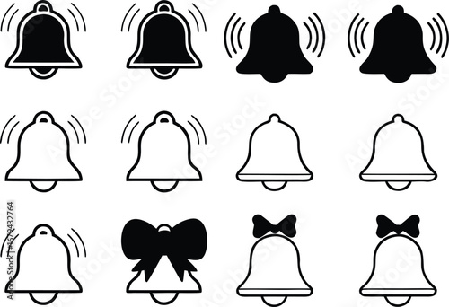 Variety of notification bell icons in black and white showcasing ringing and decorative styles for design use