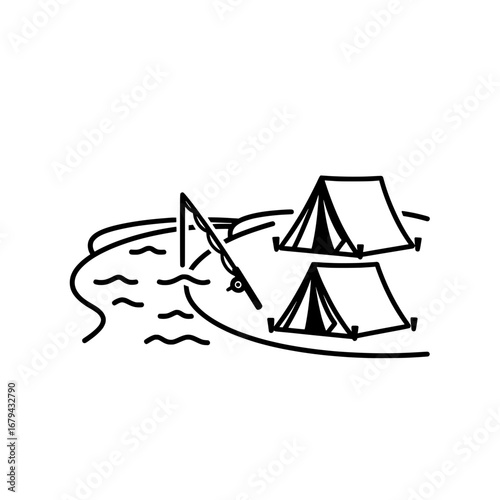 Camping tents and fishing on a lakeshore with transparent background