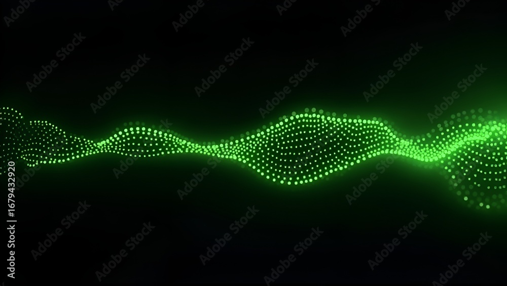 Obraz premium Futuristic gradient wave – dynamic green dotted pattern on black, abstract particle design with smooth fading edges, representing modern technology aesthetics