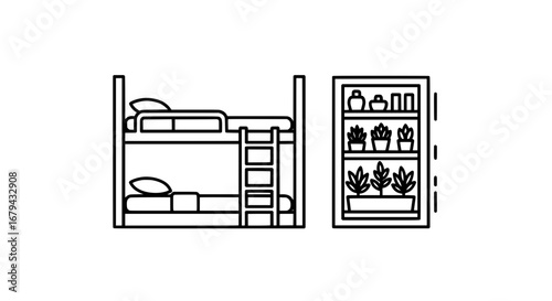 Bunk bed with plant shelf and transparent background