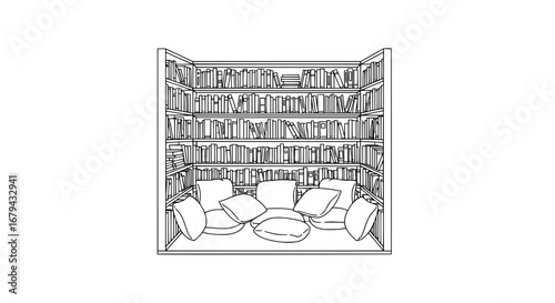 Library with bookshelves and seating area with transparent background