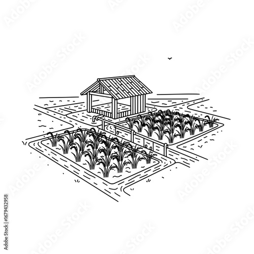 Farmhouse with garden and crops on transparent background