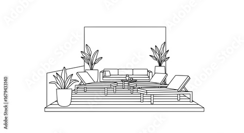 Indoor lounge with sofa and potted plants with transparent background