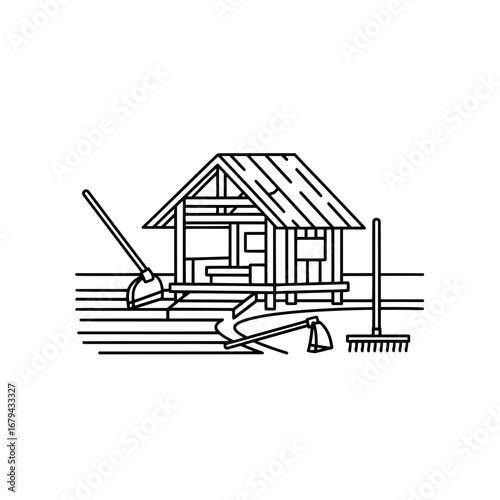 Dock with boat and shed with transparent background