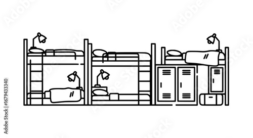 Bunk beds with dormitory lockers and transparent background