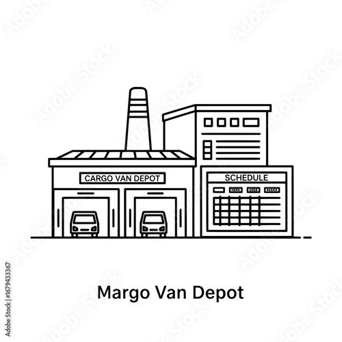 Cargo van depot with schedule and buildings with transparent background