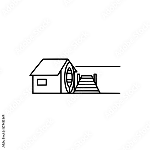 Beach hut with stairs and boat on black background