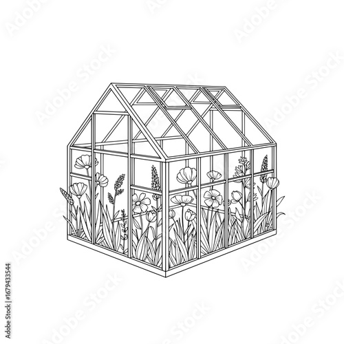 Glass greenhouse with plants and flowers with transparent background