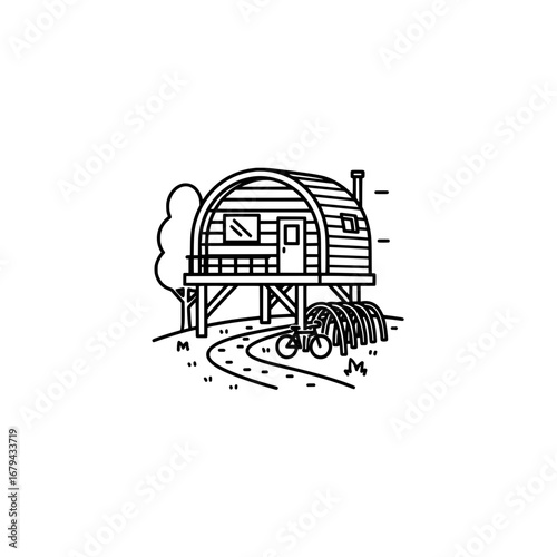Wooden tiny house on stilts with transparent background