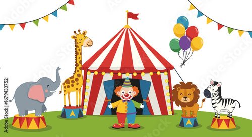 Colorful circus scene with clown and playful animals in tent ,for invitations to children's parties and decorations for celebrations 