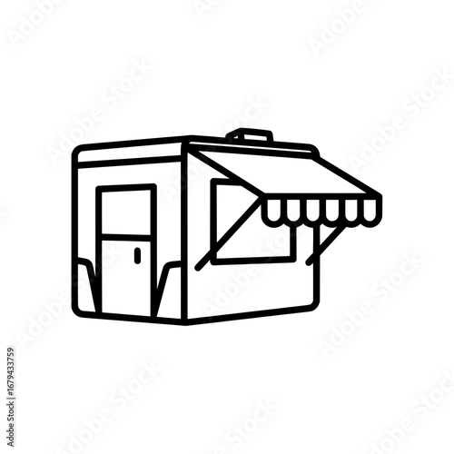 Small food kiosk with retractable awning and door with transparent background