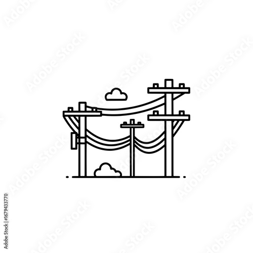 Electric power lines on wooden poles with transparent background