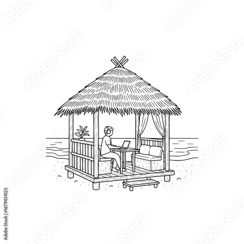Beach hut with thatched roof and lounge area with transparent background
