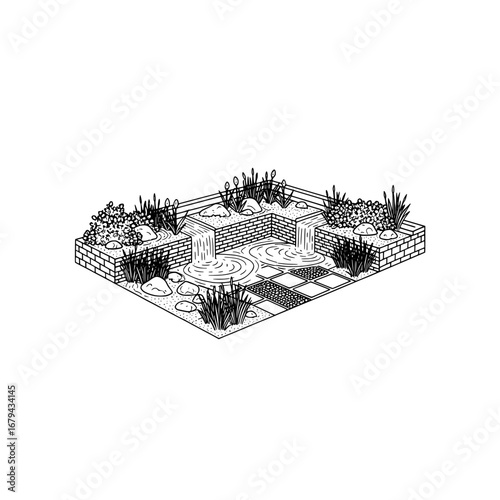 isometric garden with water features and plants with transparent background