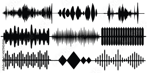 Sound Wave. Music. A modern black vector silhouette set of various audio waveforms for a music festival poster, a sound editor's UI, a podcast's branding, or a dynamic graphic design.