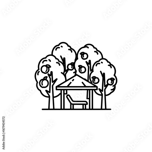 Outdoor gazebo with trees and table with transparent background