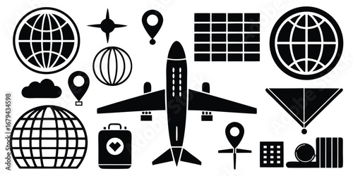 Travel. Logistics. Icon Set. A simple black vector glyph icon collection of travel and transportation symbols for a logistics company, a travel agency, or an e-commerce shipping website.