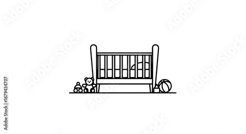 Baby crib with toys and ball with transparent background