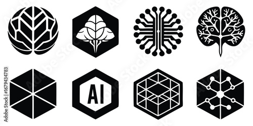 AI. Technology. Icon Set. A modern black vector collection of hexagon-shaped icons for artificial intelligence and technology for a startup's logo, a brand identity, or a presentation.