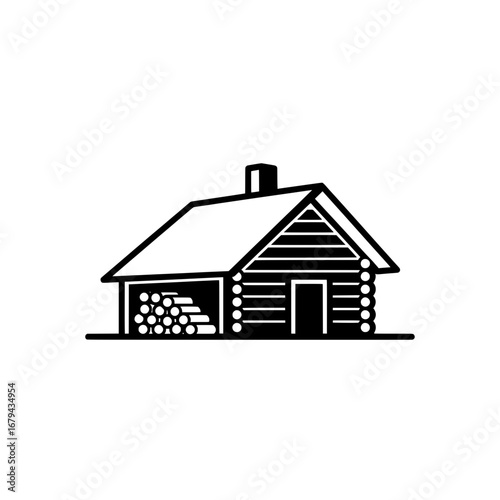 Log cabin with chimney and woodpile with transparent background